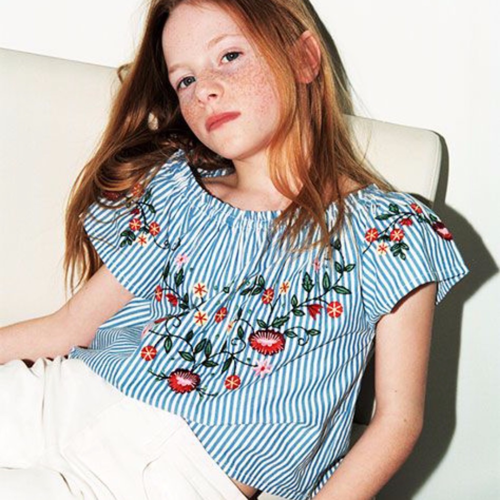 Zara girls striped off shoulder embroidered blouse
